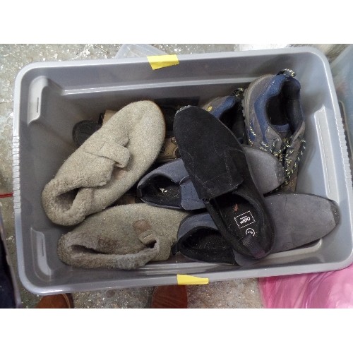 144 - SHOES AND SLIPPERS CONTAINED IN 2 LARGE STORAGE BOXES.  MENS AND WOMENS.