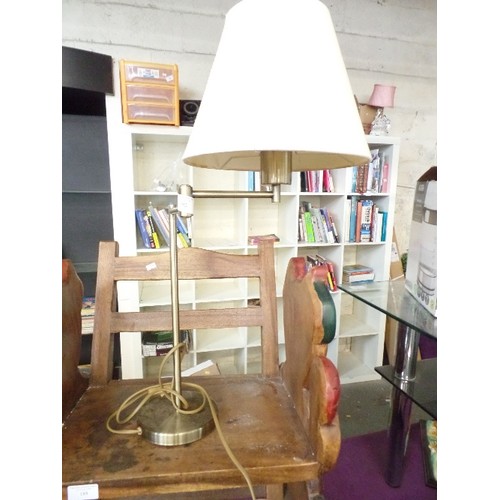 192 - CONTEMPORARY BRUSHED BRASS TABLE LAMP WITH SWIVEL ARM BASE. CREAM SHADE.