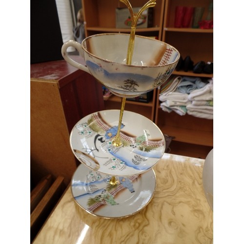 311 - CAKE STAND CREATED FROM ORIENTAL TRIO, MILK GLASS SHADES, FLYING PIG STUDIO POTTERY TRAIN, WOODEN CA... 