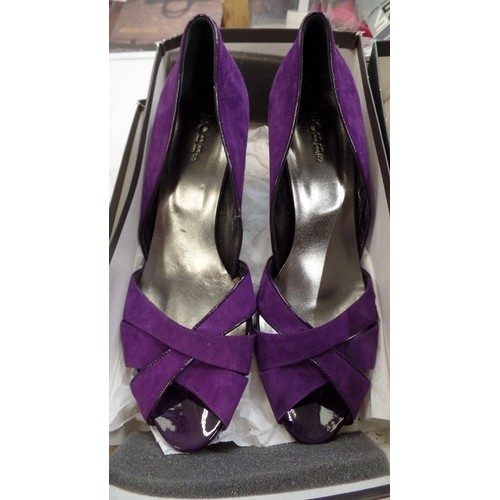 297 - HOBBS. NEW/UNWORN, PURPLE SUEDE PEEP-TOE WITH HEELS. ALSO TAN LEATHER PEEP TOE WEDGES