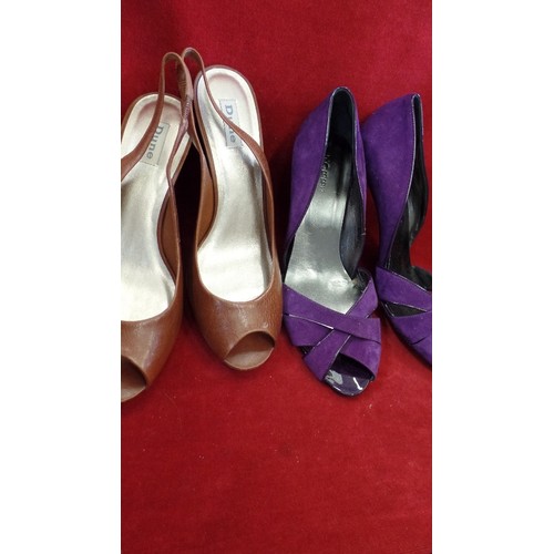 297 - HOBBS. NEW/UNWORN, PURPLE SUEDE PEEP-TOE WITH HEELS. ALSO TAN LEATHER PEEP TOE WEDGES