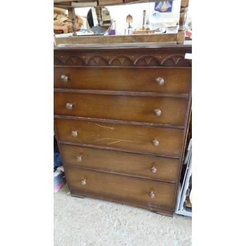 360 - VINTAGE DARK WOOD 5 DRAWER CHEST. 86CM W.