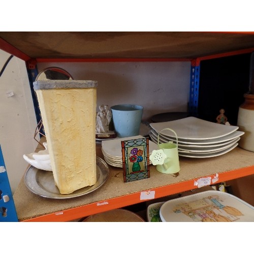 445 - 2 SHELVES OF MIXED KITCHENWARE - PLATES, UTENSILS, TRAYS ETC