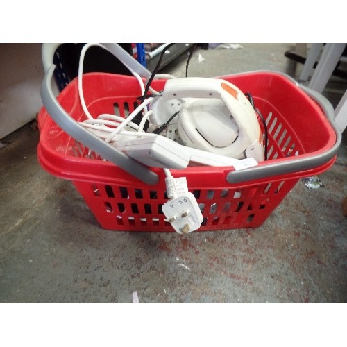 468 - BASKET OF ELECTRICALS - EXTENSION SOCKETS, HAIRDRYERS, HANDHELD VACUUM ETC