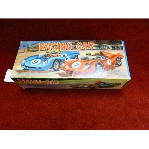 55 - VINTAGE FRICTION-DRIVE/PLASTIC TOYS, RACING CAR. ORIGINAL BOX.