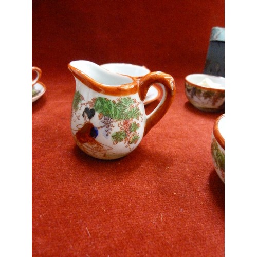 56 - VINTAGE CHILDS CHINA TEASET. LOVELY ORIENTAL DESIGN. TEAPOT IS MISSING HANDLE. IN POSSIBLY ORIGINAL ... 