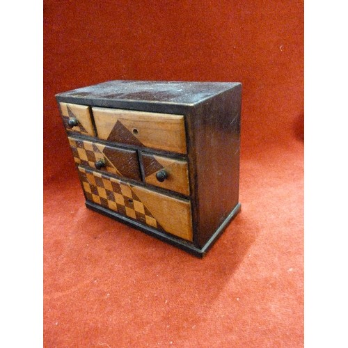 60 - MINIATURE WOODEN MARQUETRY 'CHEST OF DRAWERS' 14.5 CM W.