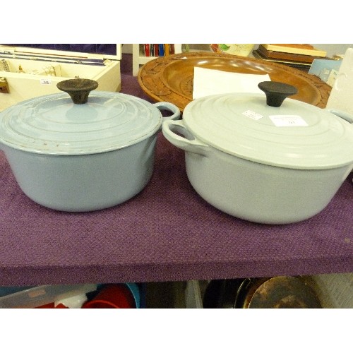 63 - 2 X CAST IRON LE CREUSET CASSEROLE POTS WITH LIDS. DUCK-EGG BLUE.