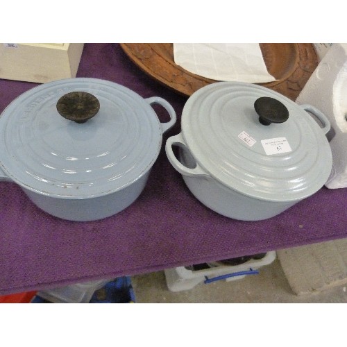 63 - 2 X CAST IRON LE CREUSET CASSEROLE POTS WITH LIDS. DUCK-EGG BLUE.