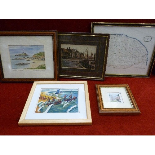 83A - 5 FRAMED PICTURES AND MAPS. INCLUDING ROBERT MORDEN MAP OF NORFOLK, UNUSUAL PRINTS INCLUDING 'DEPART... 