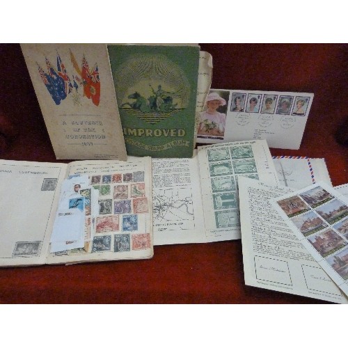 218 - VINTAGE STAMP ALBUMS WITH QUANTITY OF STAMPS. LOOSE STAMPS, FIRST DAY COVERS ETC.