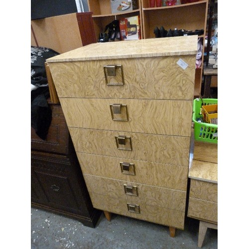 312 - VINTAGE HIGH GLOSS PALE WALNUT VENEER 6 DRAWER CHEST. BRASS HANDLES. 64CM W.