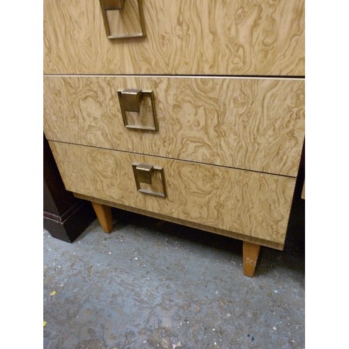 312 - VINTAGE HIGH GLOSS PALE WALNUT VENEER 6 DRAWER CHEST. BRASS HANDLES. 64CM W.