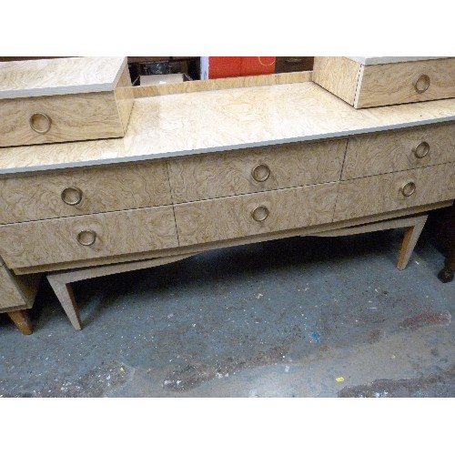 315 - VINTAGE HIGH GLOSS PALE WALNUT VENEER DRESSING TABLE. BRASS HANDLES. 152CM W.