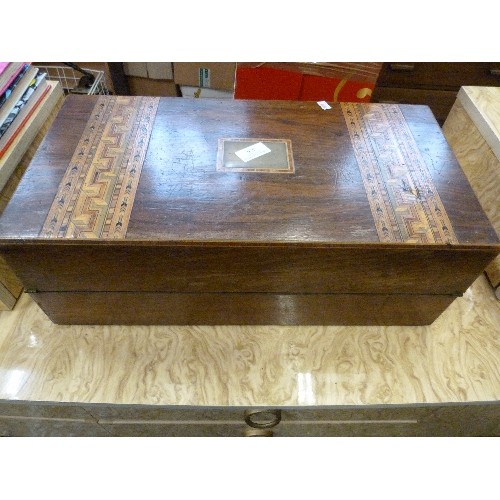 316 - LARGE INLAID VINTAGE WRITING SLOPE , WITH INNER COMPARTMENTS. 50CMW.