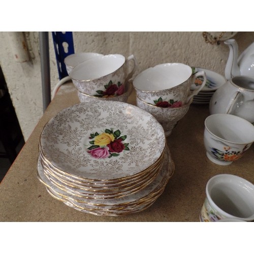 477 - ORIENTAL TEA SET , 6 PERSON BONE CHINA CUPS, SAUCERS AND PLATES SET WITH FLOWERS, CARLTONWARE POT ET... 