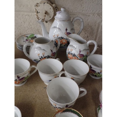 477 - ORIENTAL TEA SET , 6 PERSON BONE CHINA CUPS, SAUCERS AND PLATES SET WITH FLOWERS, CARLTONWARE POT ET... 