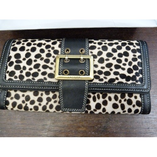 363 - BRAND NEW JAEGER ANIMAL PRINT PURSE. BRASS BUCKLE. IN JAEGER SHOP BAG.