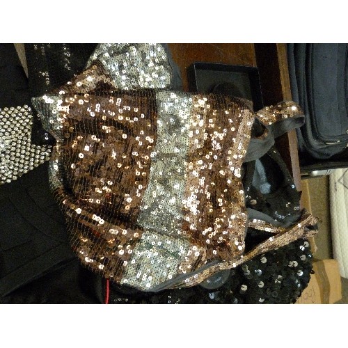 364 - BLACK SEQUINNED CLOTHES .M, FIORE SHOES 5, AKSUONA BLACK EVENING BAG WITH LARGE DIAMANTE CLASP, WITH... 