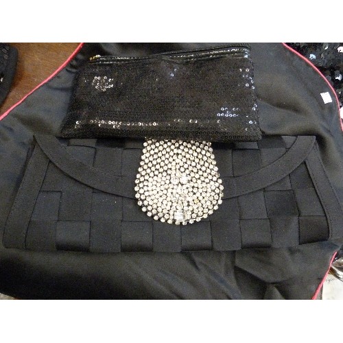 364 - BLACK SEQUINNED CLOTHES .M, FIORE SHOES 5, AKSUONA BLACK EVENING BAG WITH LARGE DIAMANTE CLASP, WITH... 