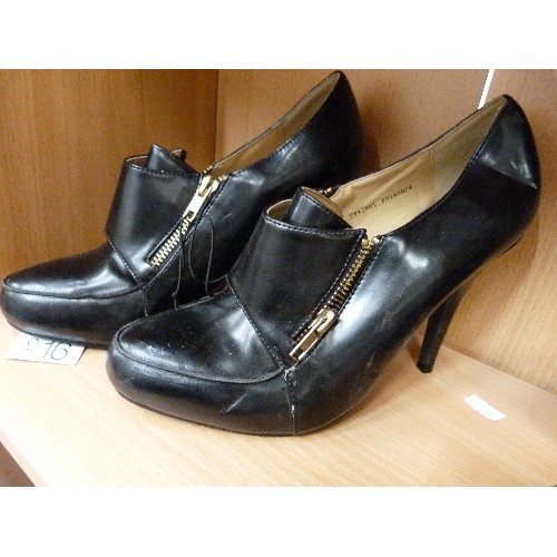 376 - 3 X WOMENS SHOES. NEW. 5/6. BLACK LEATHER FIORE HEELS, NAVY SUEDE NEXT HEELS, AND BLACK SEQUIN FLIP-... 