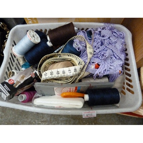 378 - MAINLY SEWING RELATED ITEMS. REELS OF THREAD, TAPE MEASURES, CURTAIN HEADER TAPE ETC.