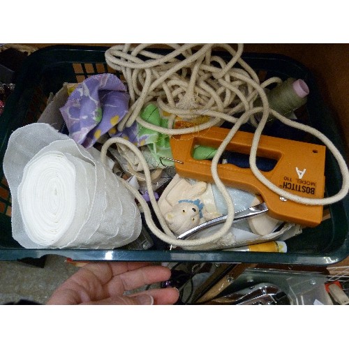 378 - MAINLY SEWING RELATED ITEMS. REELS OF THREAD, TAPE MEASURES, CURTAIN HEADER TAPE ETC.