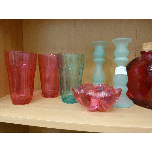 382 - CONTEMPORARY GLASSWARE. IN CRANBERRY AND SAGE COLOURS.