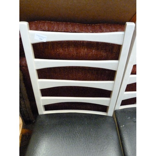 399 - PAIR OF DOVE GREY  PAINTED RETRO GEFCO LADDER BACK DINING CHAIRS, WITH BLACK FAUX LEATHER SEATS.