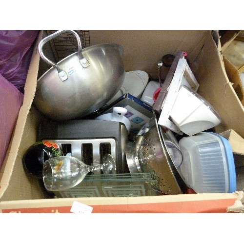 419 - 2 X LARGE BOXES FULL OF KITCHEN ITEMS. INC TOASTER, EXTRA LARGE SALAD BOWL, LIDDED WOK, STAINLESS CO... 