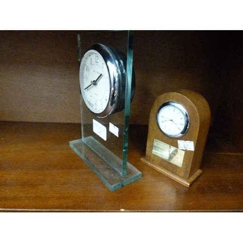 457 - GLASS FOX AND SIMPSON CLOCK AND SMALL WOODEN CLOCK