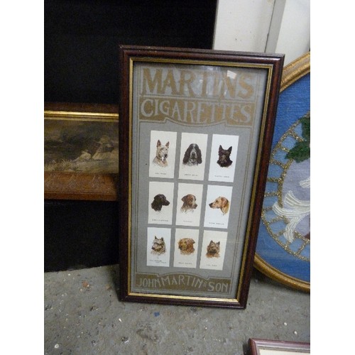 178 - FRAMED AND GLAZED EMBROIDERY OF DOVE IN TREE, MARTINS CIGARETTE CARDS, FOUR IN HAND PRINT AND VINTAG... 