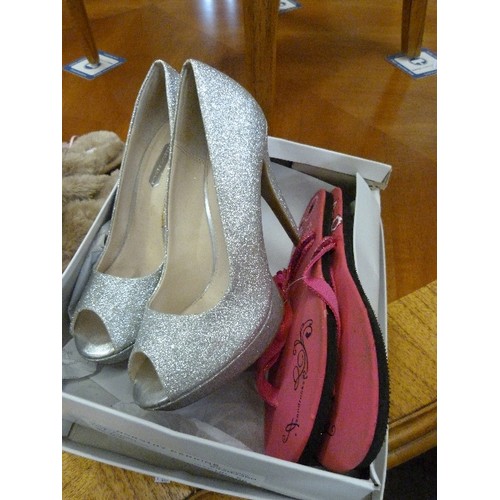 346 - SPARKLEY SILVER PEEP-TOE HEELS, FURRY MULE SLIPPERS, PINK SEQUIN FLIP-FLOPS. ALL BARELY WORN. 40/41