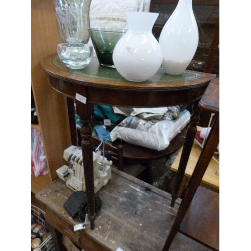 387 - MAHOGANY DEMI-LUNE SIDE TABLE, WITH GREEN LEATHER INLAY. APPROX 74CM W