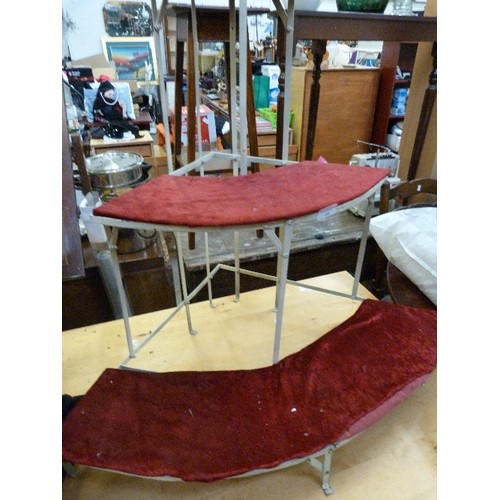 404 - VINTAGE CORNER DISPLAY STAND. WHITE METAL WITH RED VELVET SHELVES.