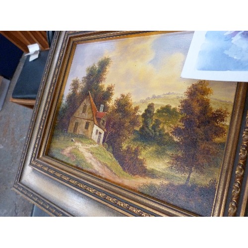 493 - 2 ORNATE FRAMED OIL ON BOARD OF COUNTRY SCENES AND A STILL LIFE WATERCOLOUR