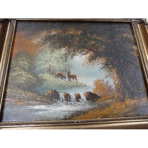 493 - 2 ORNATE FRAMED OIL ON BOARD OF COUNTRY SCENES AND A STILL LIFE WATERCOLOUR