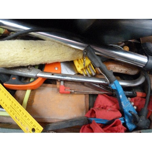 496 - BOX OF TOOLS - TILE CUTTER, SAWS, ETC