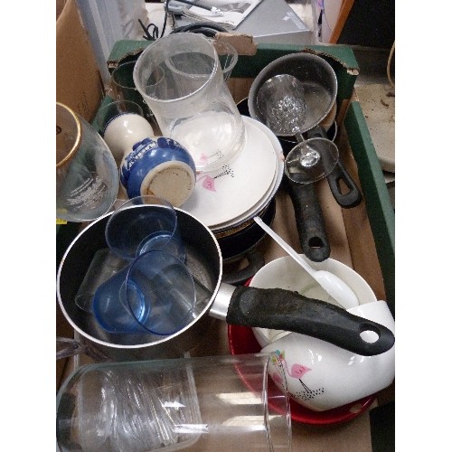 506 - 2 BOXES OF KITCHENWARES - PLATES, PANS ETC