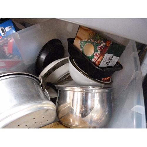 560 - BOX OF PANS, PYREX PLATES ETC