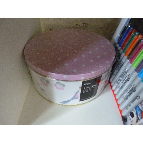 169 - CUBE OF NEW AND SEALED ITEMS - 3 CAKE TINS, FLEECE BLANKET, ENVELOPES, SHARPIES ETC