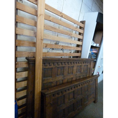 435 - STAINED PINE GOTHIC STYLE KING SIZE BED FRAME