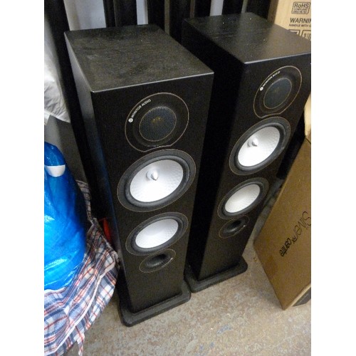 438 - MONITOR AUDIO RX 6 TALL SPEAKERS WTH METAL STANDS , MONITOR AUDIO SILVER RX CENTRE IN BOX AND A MONI... 