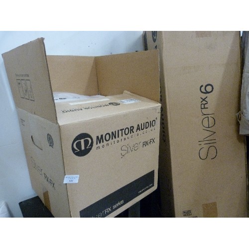 438 - MONITOR AUDIO RX 6 TALL SPEAKERS WTH METAL STANDS , MONITOR AUDIO SILVER RX CENTRE IN BOX AND A MONI... 