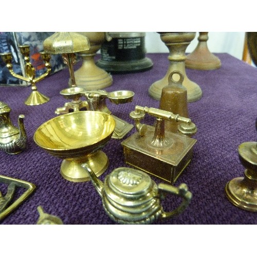 101A - 16 PIECES BRASS MINIATURES - WHEELBARROW, RECORD PLAYER, TELEPHONE ETC