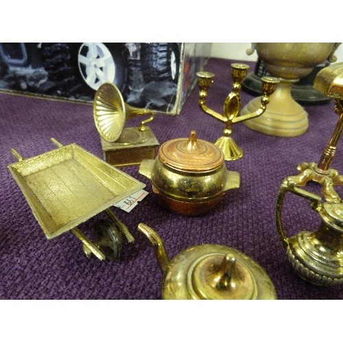 101A - 16 PIECES BRASS MINIATURES - WHEELBARROW, RECORD PLAYER, TELEPHONE ETC