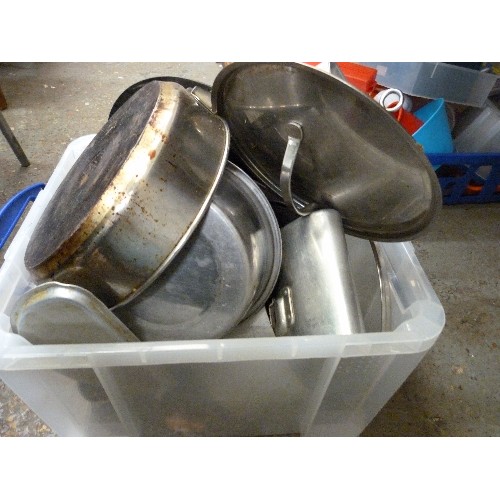 152 - LARGE BOX FULL OF KITCHEN COOK PANS, OVEN TRAYS, WOK, LIDDED FRY PAN, SAUCEPANS ETC.