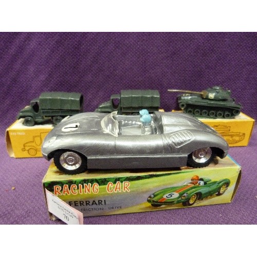 70 - VINTAGE FERRARI 'FRICTION DRIVE' RACING CAR. ALSO 3 AIRFIX HO-00 SCALE MODELS. INC PATTON TANK, & 2 ... 