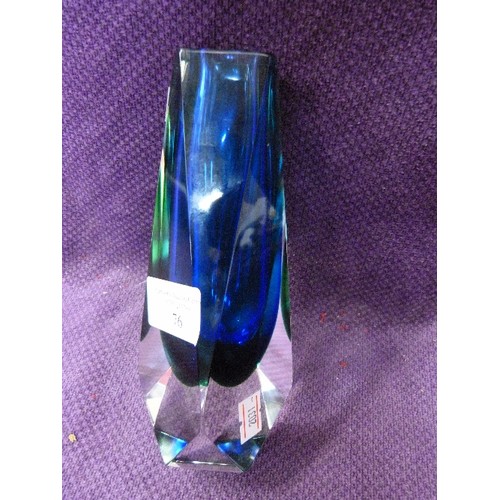 76 - GENUINE HAND-WORKED MURANO GLASS VASE. STAMPED ON BASE 'MANDRUZZATO' ANGULAR/MULTI-FACETED.