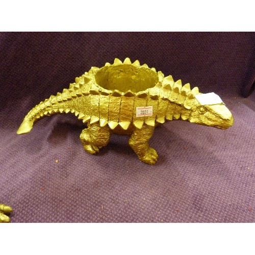 91 - 2 X GOLD PAINTED DINOSAUR PLANTERS. TO HOLD SMALL PLANT-POTS OR TRINKETS.